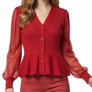 89th & Madison Button Front Cardigan Sheer Sleeves  Red Size Medium